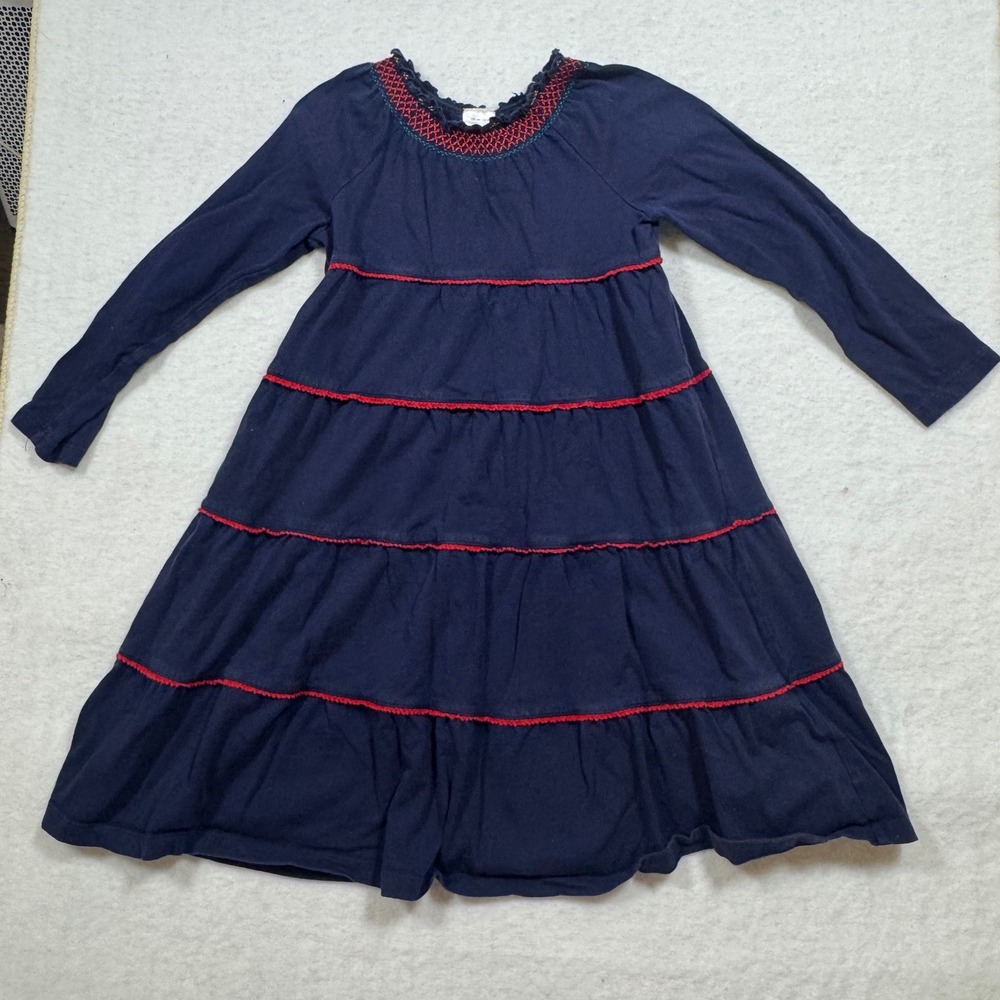 Hanna Andersson Girl Navy Blue Red Tiered Smocked Embroidered Cotton Dress 130/8